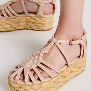 NWOB Ulla Johnson Viola Knotted Leather Platform Sandals Cream Straw Size 37.5